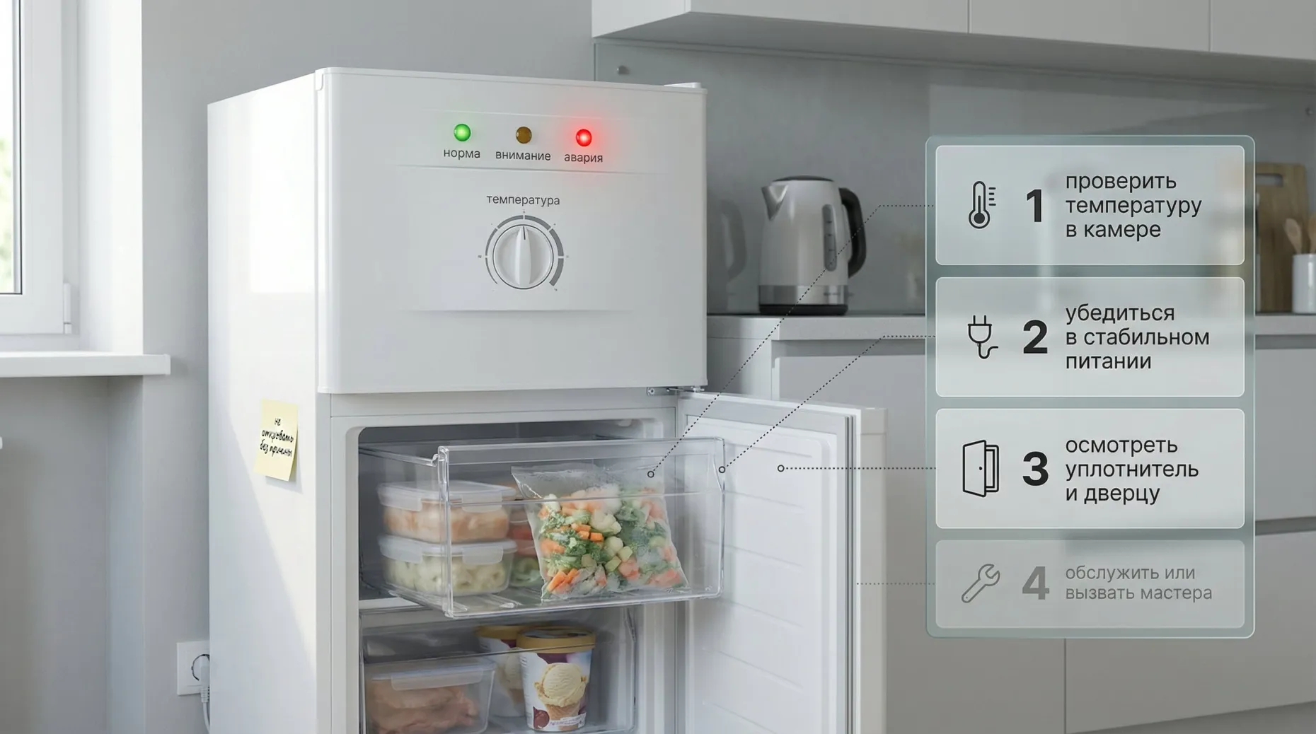 Современная кухня в нейтральных тонах, на переднем плане отдельно стоящая морозильная камера. Камера показана крупно, фасад немного развернут к зрителю. На верхней панели