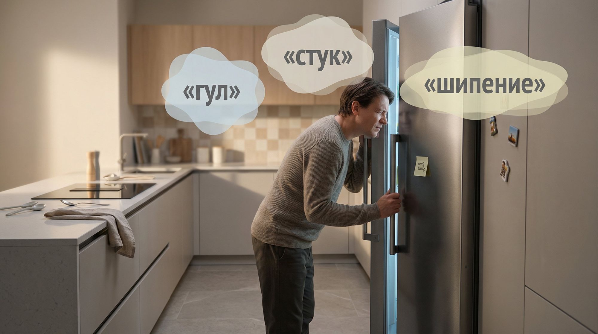 Современная кухня в мягких нейтральных тонах, в центре — человек в домашней одежде (вид сбоку) стоит возле высокого холодильника. Дверца холодильника почти закрыта, свет внутри