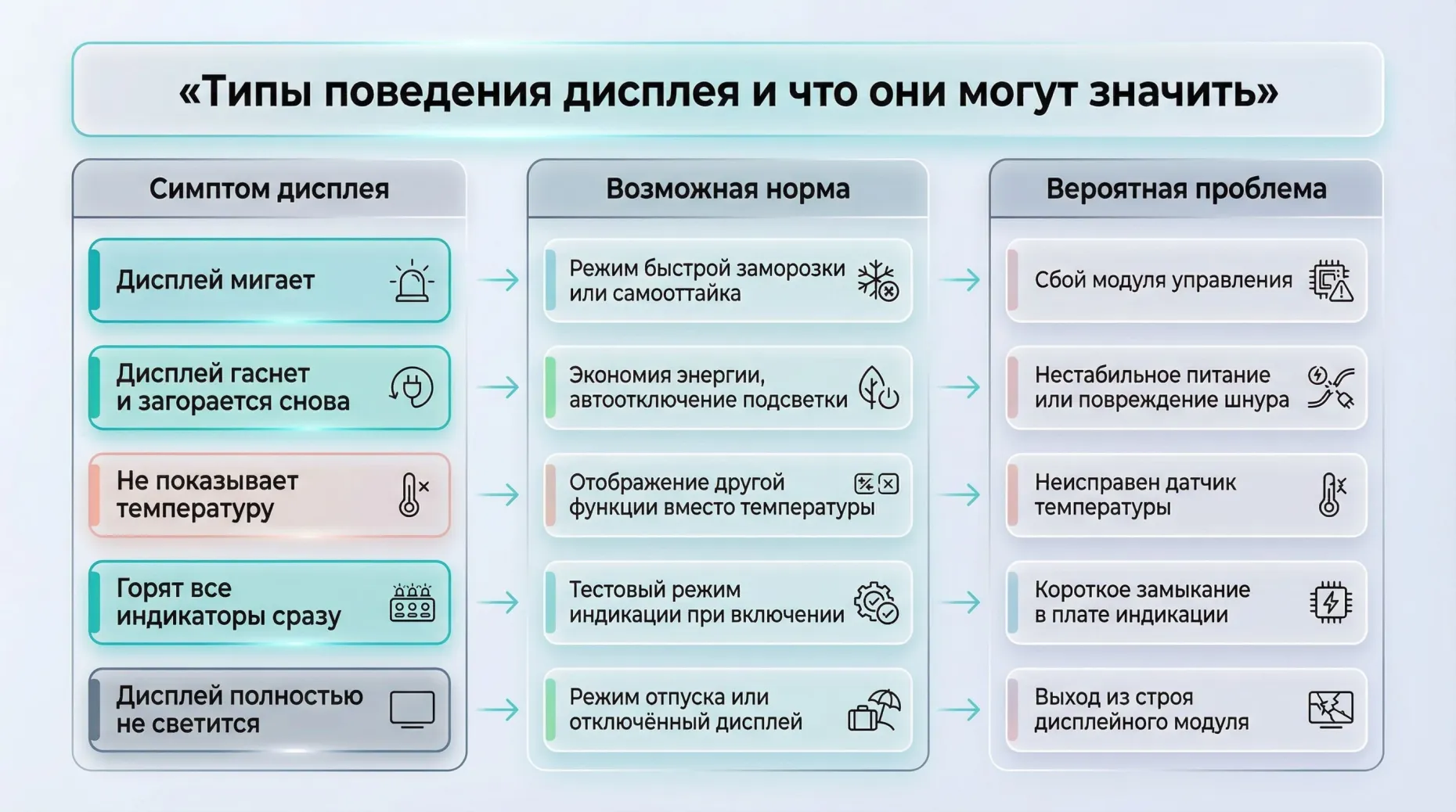 Схематичный вертикальный блок-схема в три столбца: слева «Симптом дисплея», по центру «Возможная норма», справа «Вероятная проблема». Вверху заголовок по всей ширине крупным