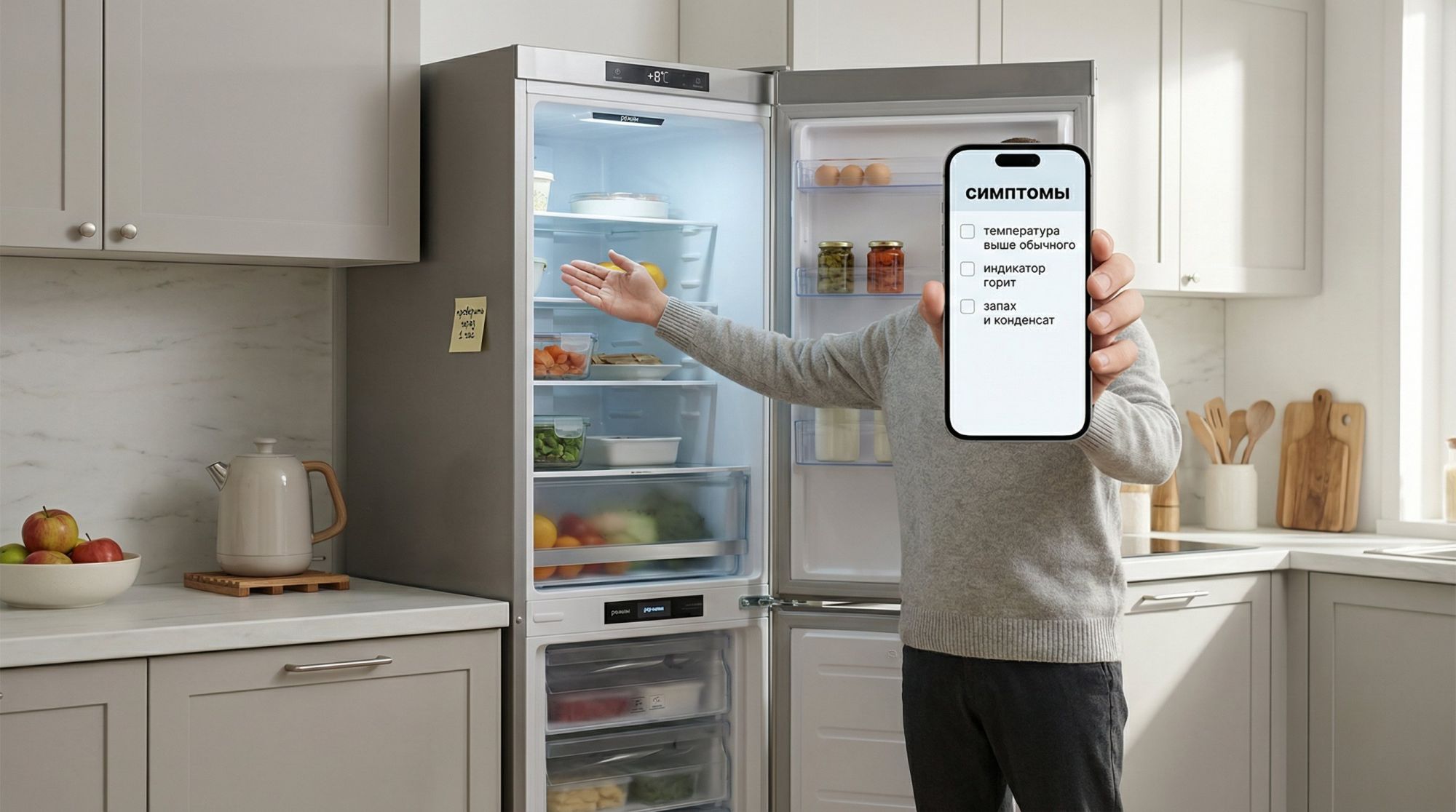 Современная аккуратная кухня в нейтральных тонах, в центре — стандартный двухкамерный холодильник, двери слегка приоткрыты. Перед холодильником стоит человек с телефоном в руке