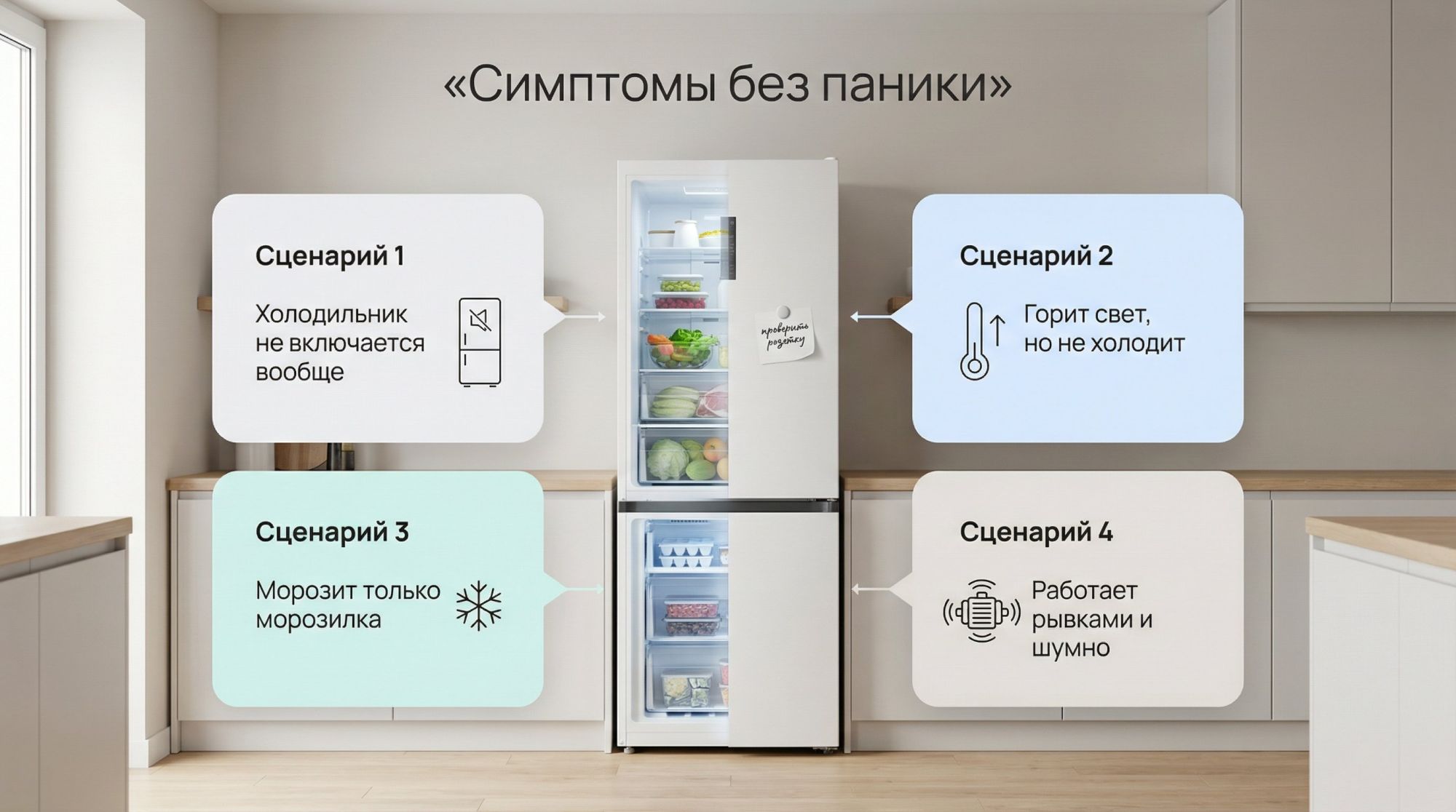 Современная аккуратная кухня, в центре — двухкамерный холодильник в легкой полупрозрачной разрезке, вокруг него четыре крупные карточки-сценария, как простая визуальная матрица