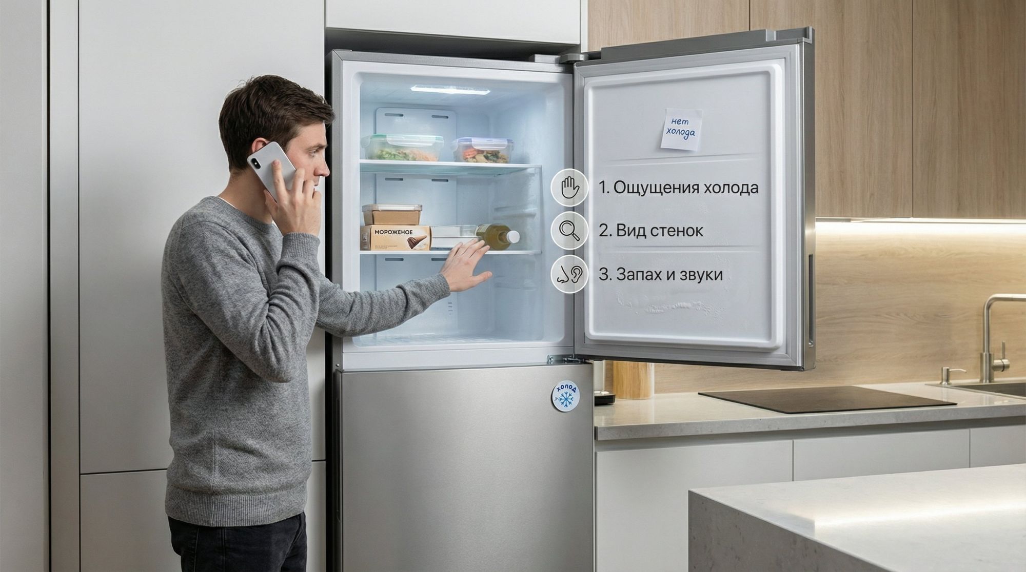 Полуобщий план кухни: человек стоит рядом с двухкамерным холодильником и как будто «по телефону» описывает происходящее. Дверь верхней камеры открыта настежь. Одной рукой человек