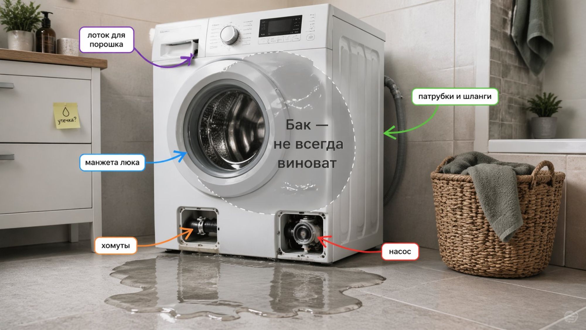 Современная стиральная машина в небольшой ванной, вид слегка сверху-сбоку. На полу под машиной заметная лужа воды, от которой ведут несколько полупрозрачных цветных стрелок к