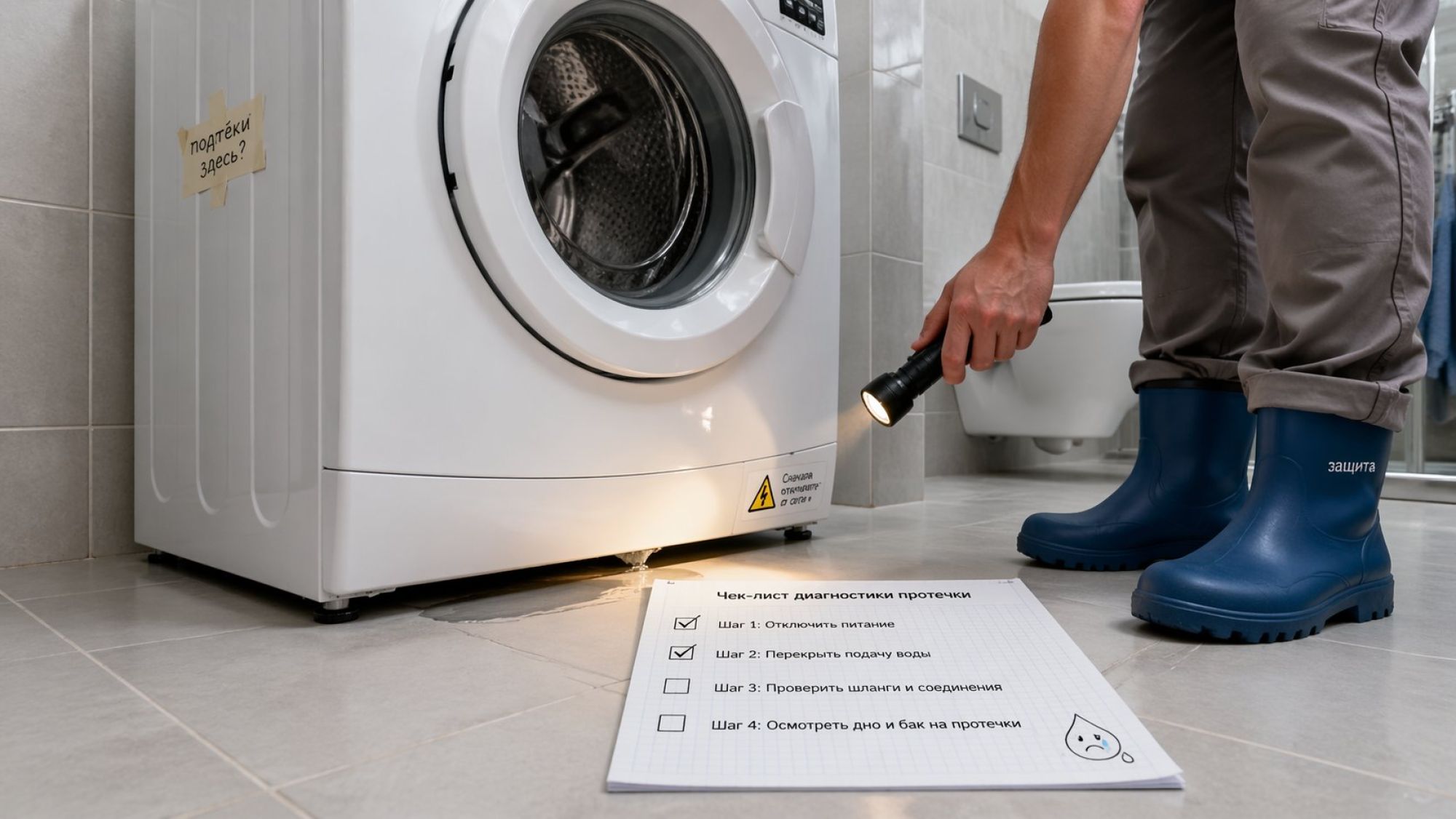 Современная стиральная машина в ванной, вид чуть сверху-сбоку, рядом с ней на полу лежит открытый лист «чек-лист диагностики». Стиль аккуратный, без лишних деталей. Машина немного