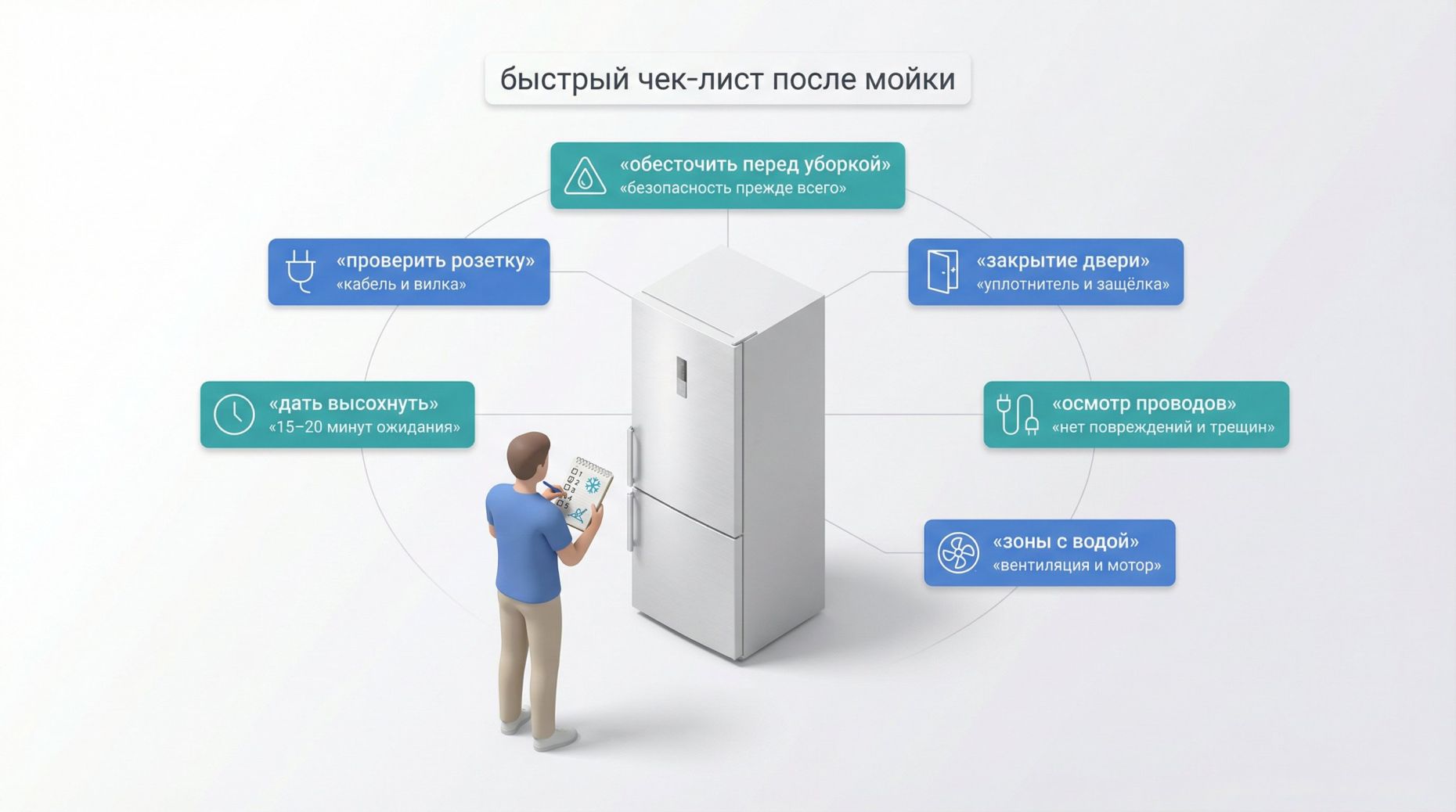 Современная, лаконичная иллюстрация в изометрии: на переднем плане человек (без конкретного пола) стоит с небольшим блокнотом в руке, рядом крупно изображён холодильник. Вокруг