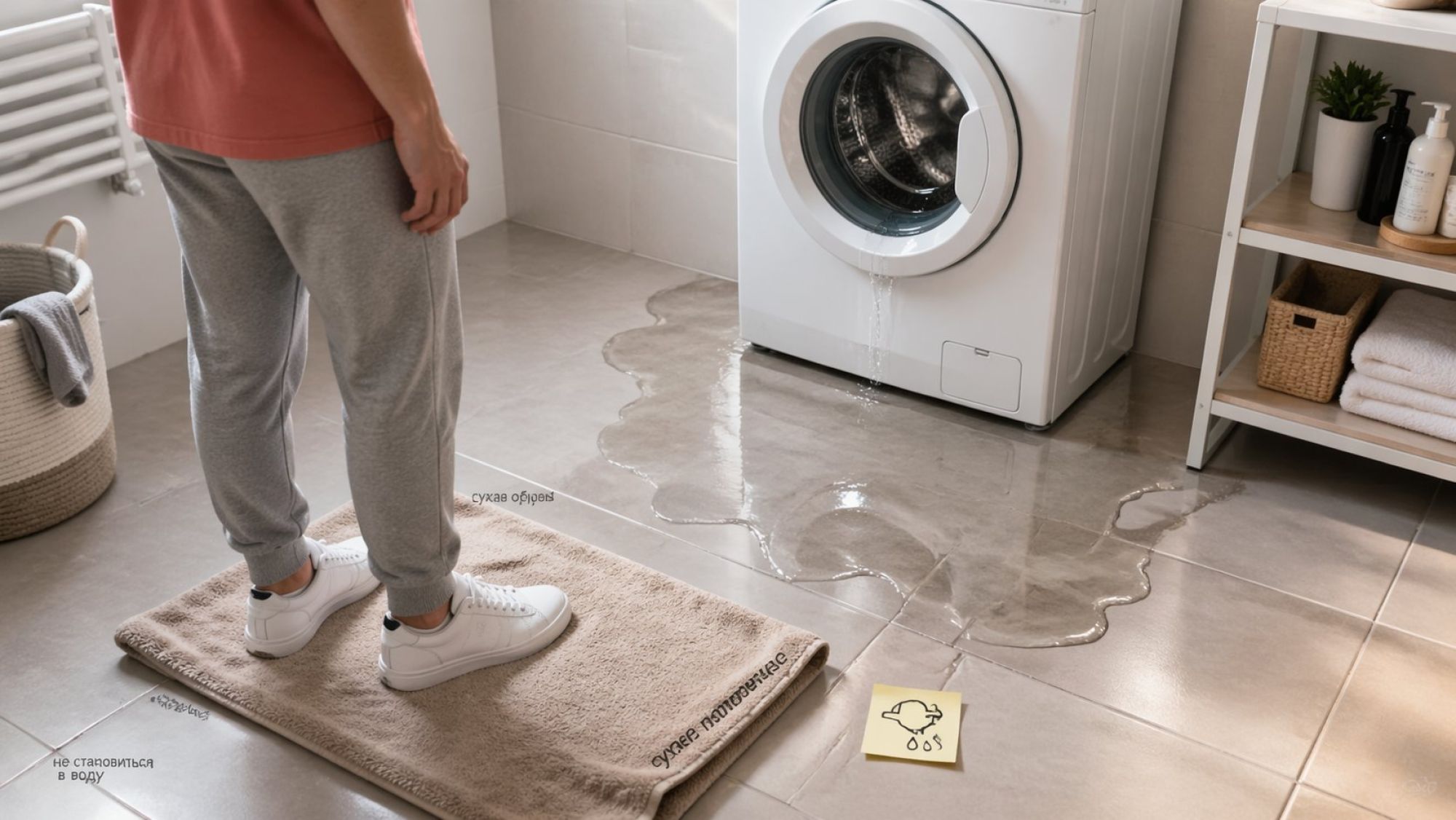 Современная ванная комната сверху и чуть сбоку: на полу вокруг стиральной машины небольшая лужа воды. Слева на переднем плане человек в домашней одежде, уже встал на сложенное