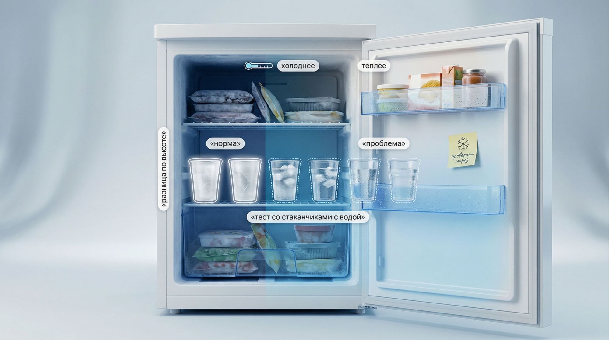 Горизонтальное разделение на два блока «До» и «После», каждый — вид морозильной камеры в разрезе спереди. Слева крупный заголовок над всем изображением «Быстрый тест: норма или
