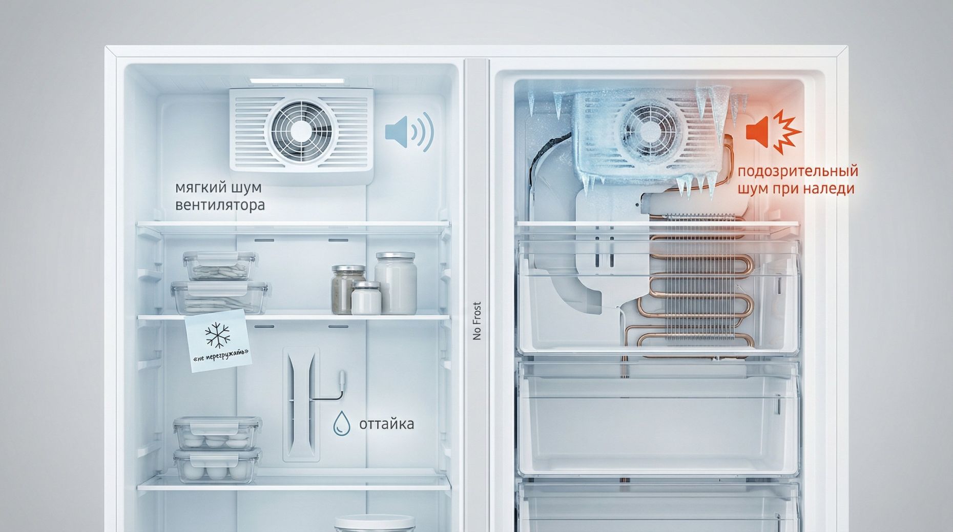 Разрез холодильника с системой No Frost, вид спереди, современный минималистичный стиль. Левая половина — холодильная камера с полупрозрачными стенками, справа — морозильная. В