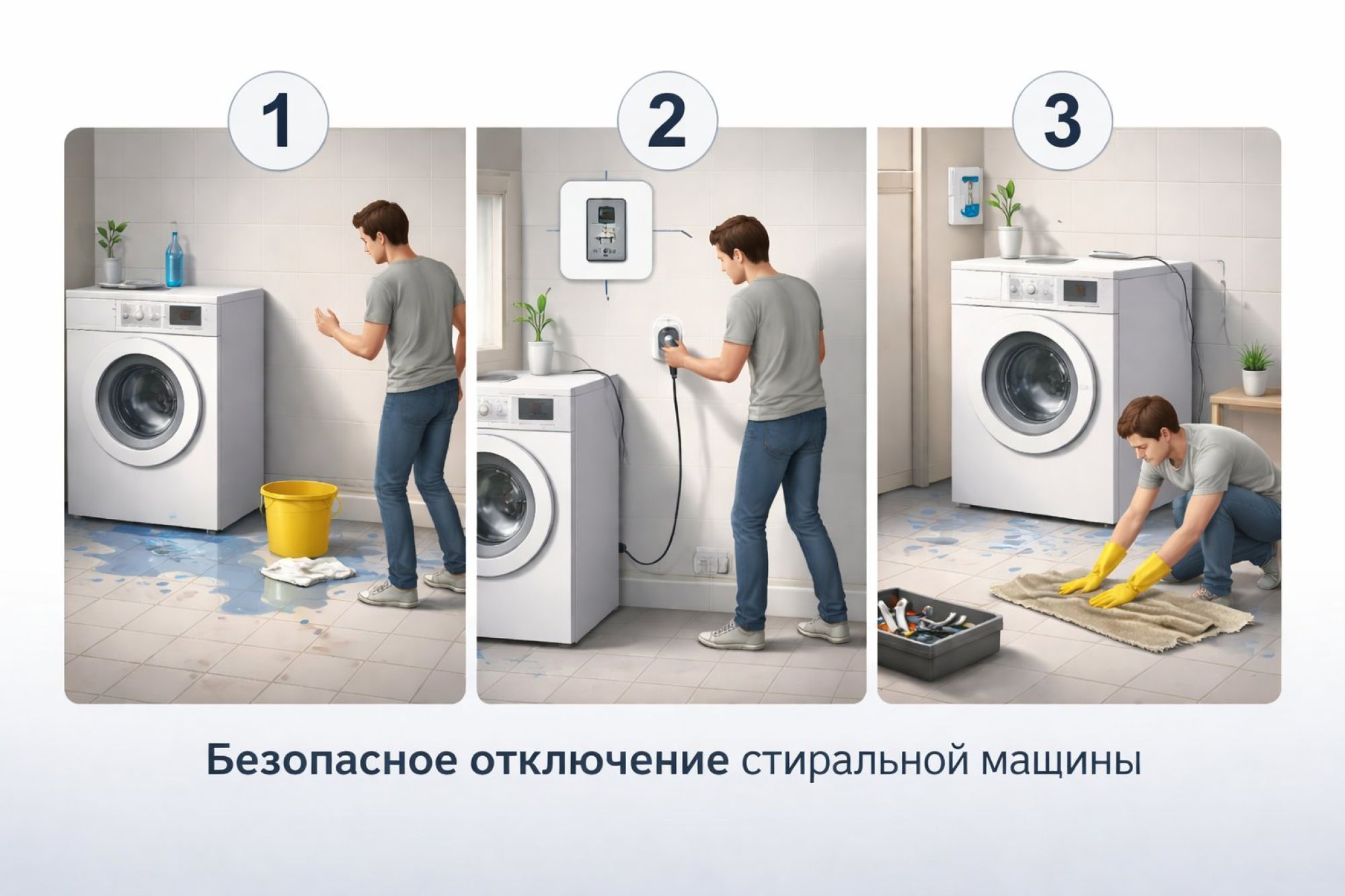 Горизонтальная пошаговая схема из трёх крупных кадров слева направо, каждый как мини-сцена, с пронумерованными кружками 1, 2, 3 сверху. Внизу под всей схемой общий заголовок