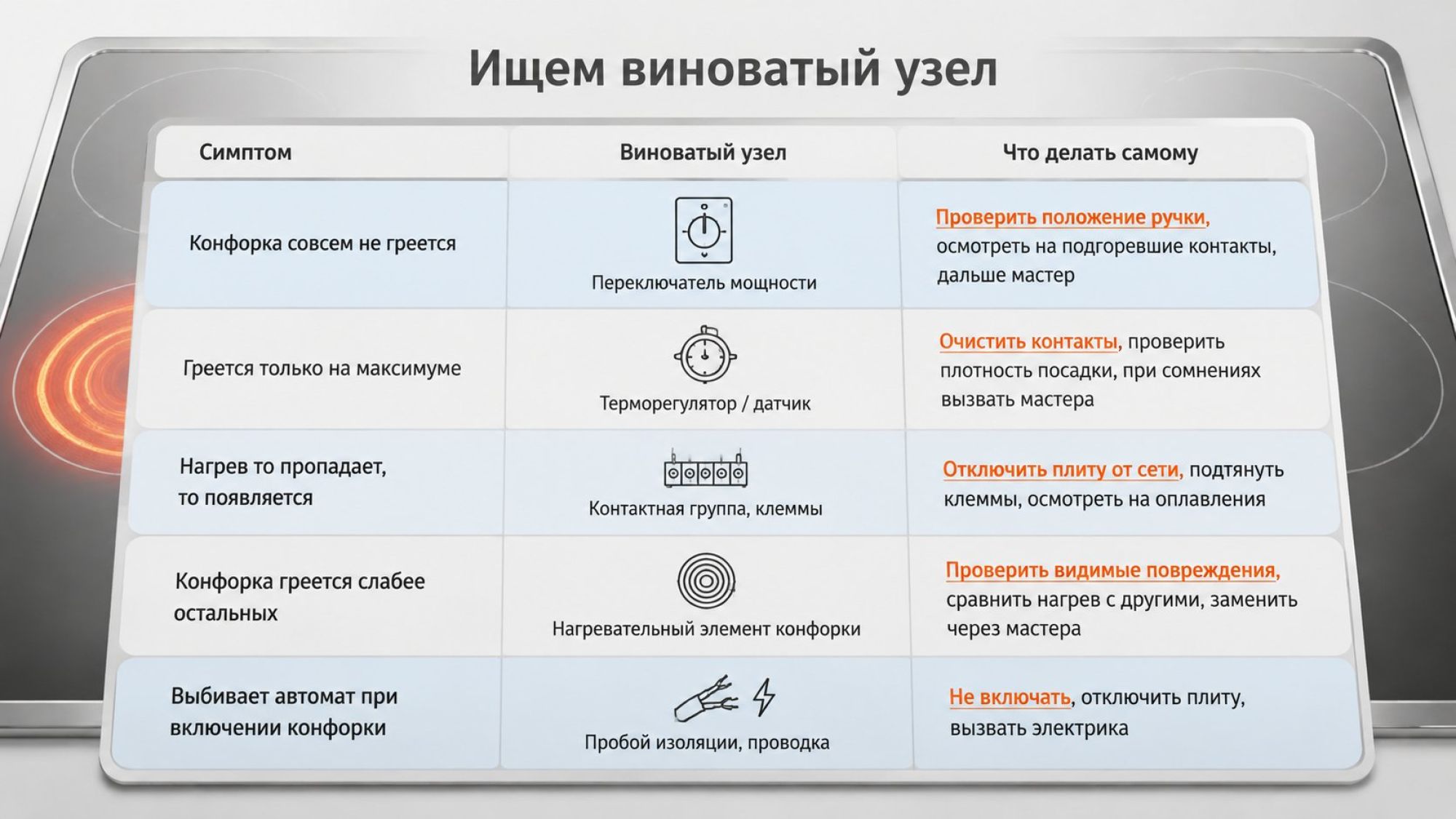 Инфографика‑матрица на светлом фоне: таблица «Симптом конфорки → виноватый узел → что делать самому». В верхней части крупный заголовок посередине: «Ищем виноватый узел». Под ним