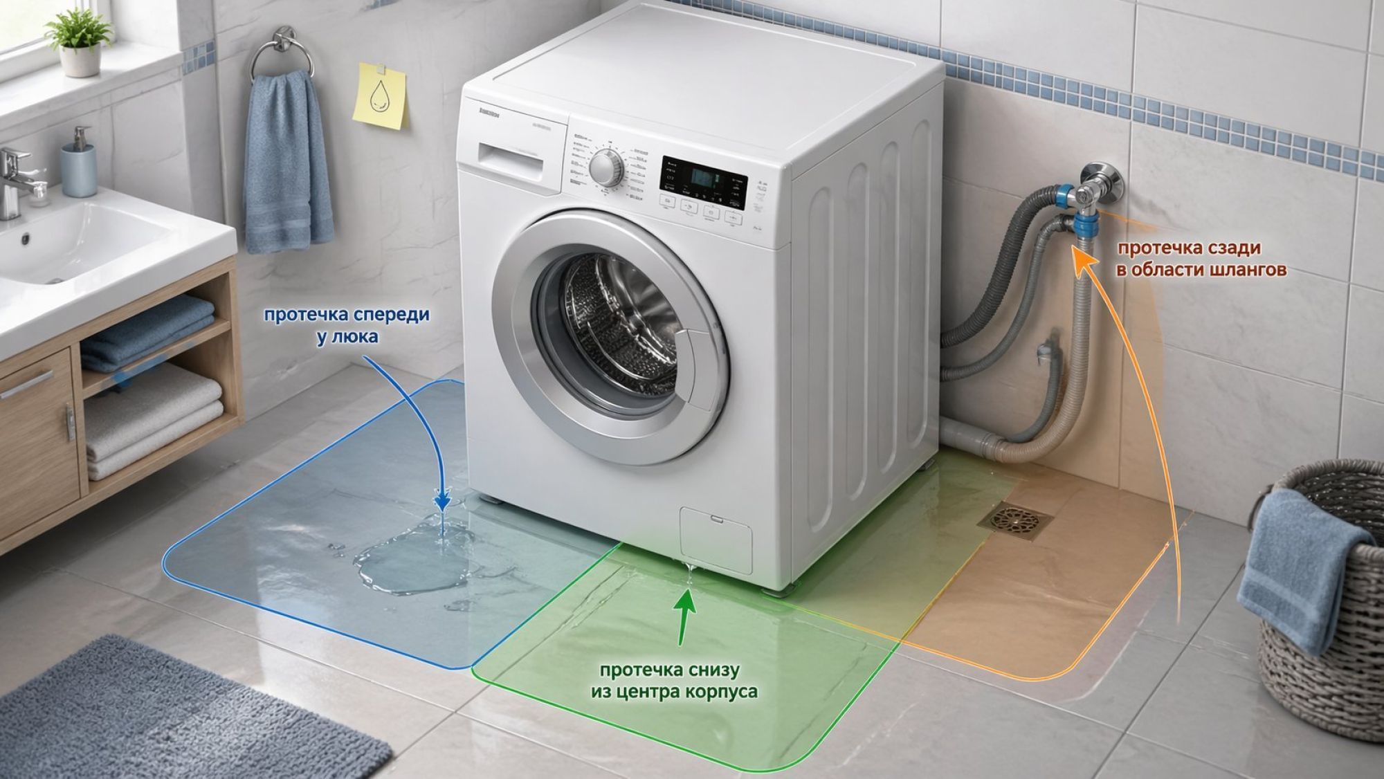 Изометрический вид ванной комнаты с фронтальной стиральной машиной. Вся сцена разделена на три зоны с тонкими полупрозрачными цветными контурами и подписями. 1) Слева спереди: у