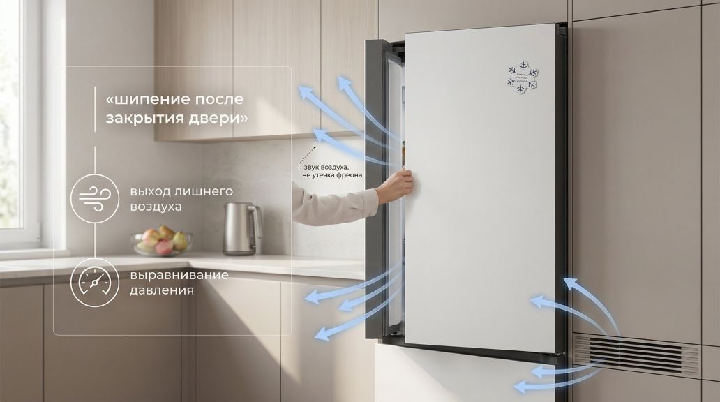 Горизонтальная инфографика в виде чек-листа «Шипение после двери: норма или повод для тревоги?». Слева крупный заголовок: «Мини‑чек‑лист нормы». Под ним четыре строки с зелеными