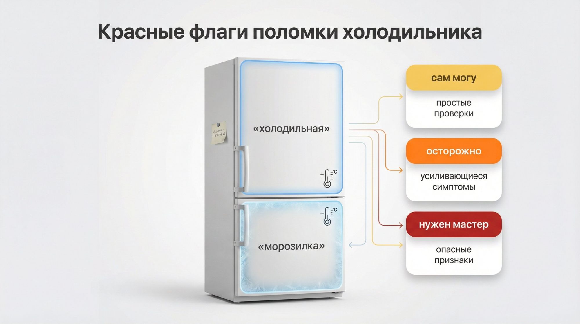 Инфографика‑иллюстрация с крупным заголовком сверху: «Красные флаги поломки холодильника». Фон светлый, в центре схематичный двухкамерный холодильник: верхняя камера обозначена