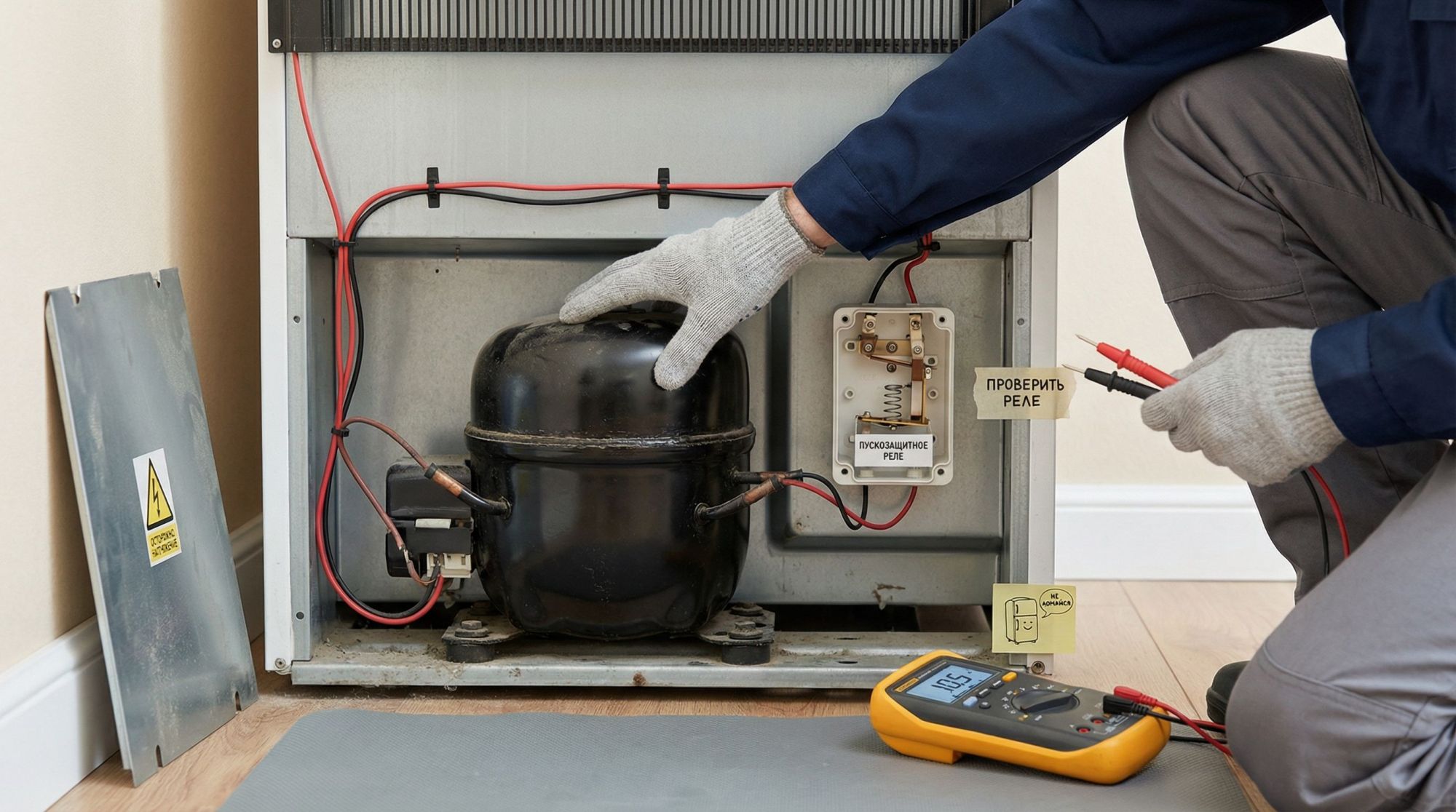 Полустилевая иллюстрация задней части холодильника в квартире. Холодильник немного отодвинут от стены, нижняя задняя крышка снята. В центре композиции — компрессор в виде черной