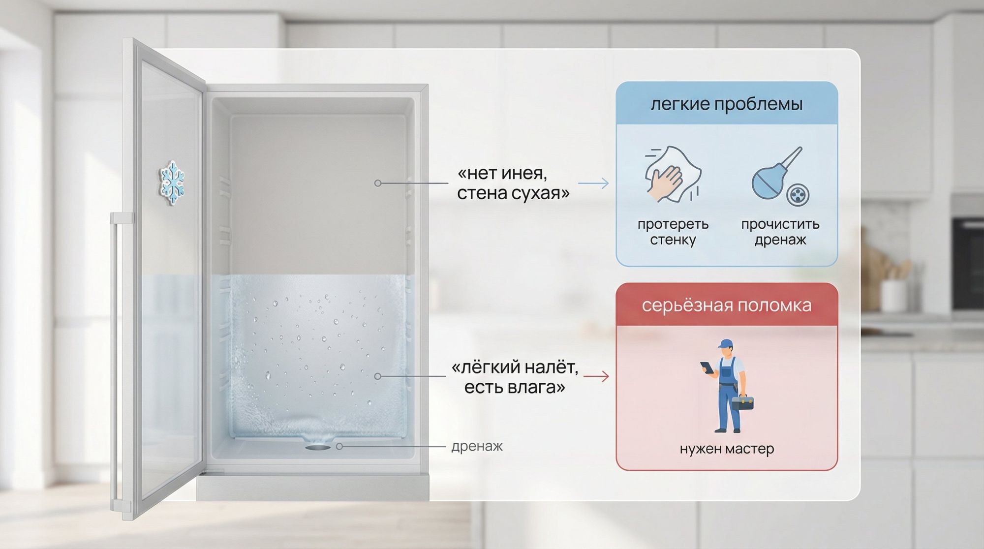Инфографика «Капельный холодильник: мелкие и серьёзные поломки» в современном минималистичном стиле. Вертикальный прямоугольник, слева схематичный капельный холодильник в разрезе