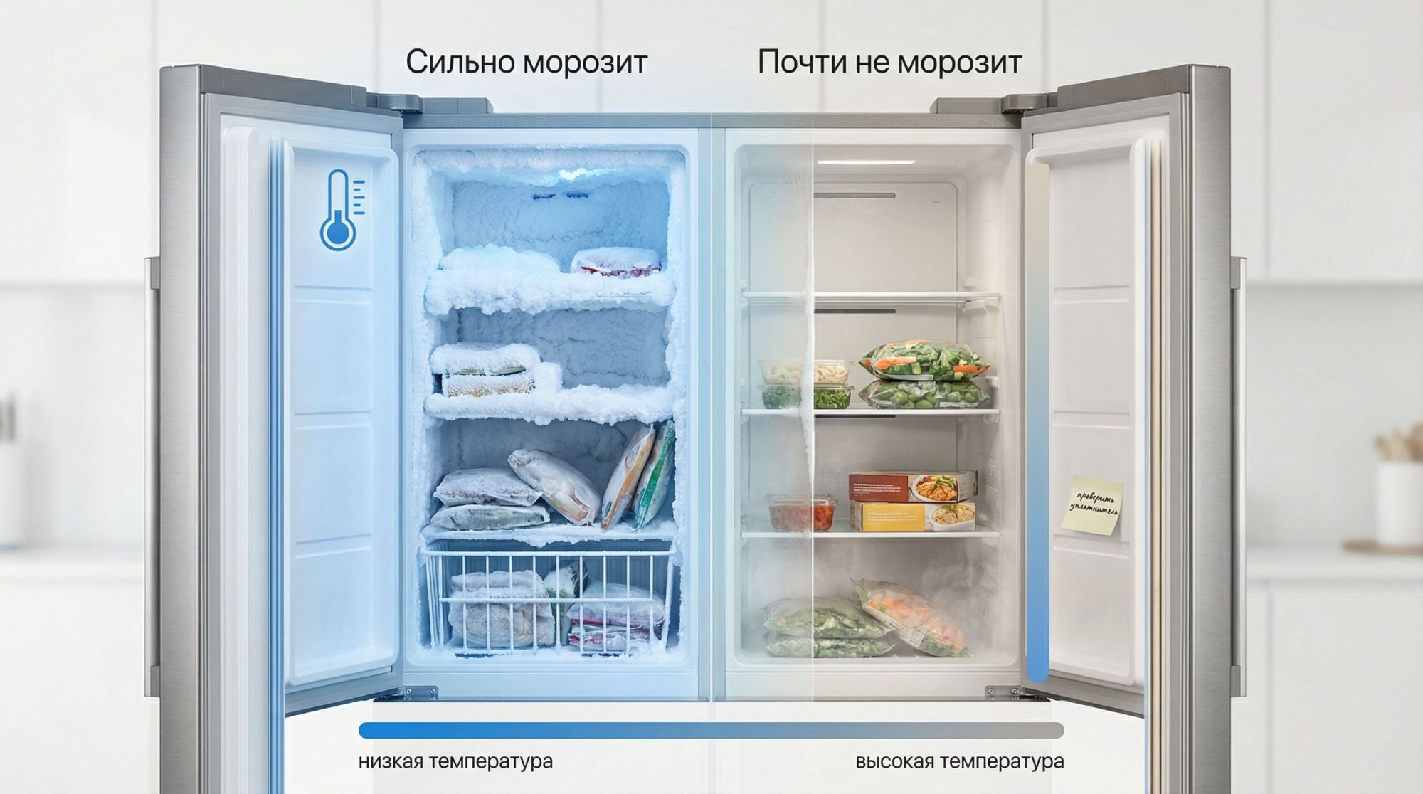 Современная морозильная камера, показанная в разрезе, на ней чётко выделены зоны разной температуры. Левая половина камеры подсвечена холодным синим цветом с заметной толстой