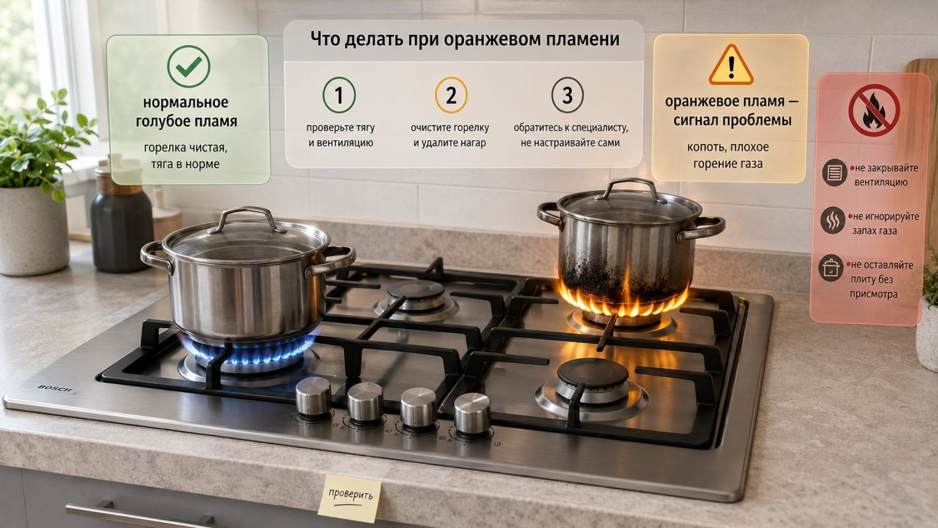 Современная кухня в нейтральных тонах, вид немного сверху. В центре — газовая плита с четырьмя конфорками. На ближней левой конфорке горит ровное голубое пламя, на дальней правой