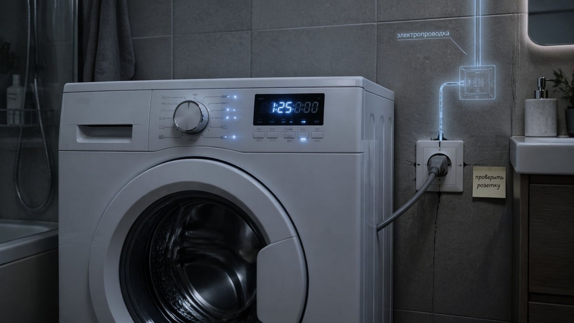 Полуприглушённый интерьер ванной комнаты в современном минималистичном стиле. Стиральная машина спереди, на её панели мигают несколько маленьких индикаторов и дисплей, на котором