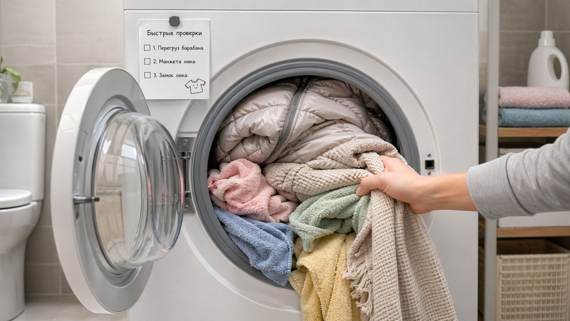 Небольшая современная ванная комната, вид на фронтальную стиральную машину на уровне пояса. Дверца люка приоткрыта, внутри видно слишком набитое бельём пространство: торчат