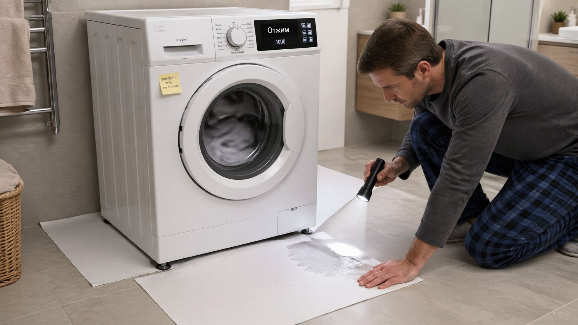 Современная стиральная машина стоит на полу в ванной, вид немного сверху сбоку. Пол вокруг корпуса сухой, под машиной спереди и сзади разложены большие прямоугольные листы белой