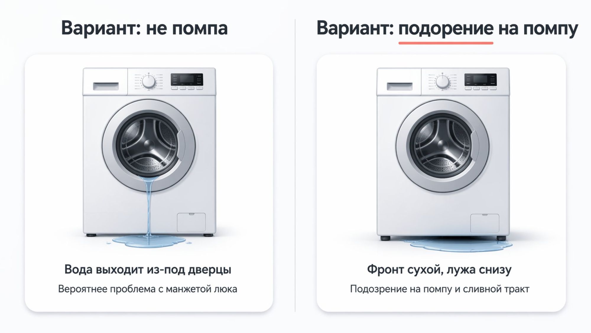 Горизонтальное изображение, разделённое на две равные половины «до/после» или «вариант 1 / вариант 2». Над левым блоком крупный заголовок: «Вариант: не помпа», над правым