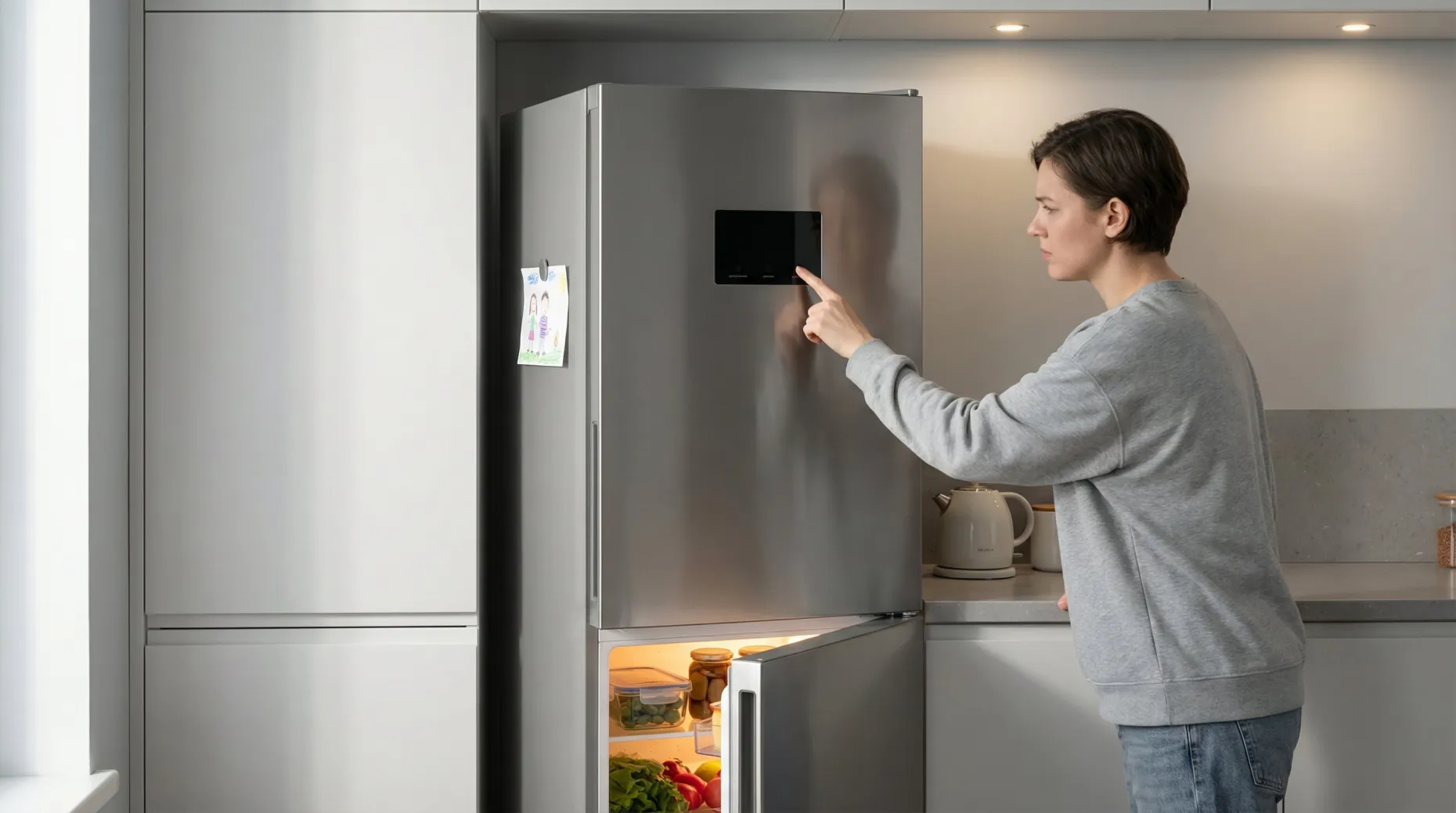 Небольшая современная кухня в нейтральных тонах, в центре композиции — высокий двухкамерный холодильник с вертикальной панелью управления и дисплеем на двери. Общий свет в кухне