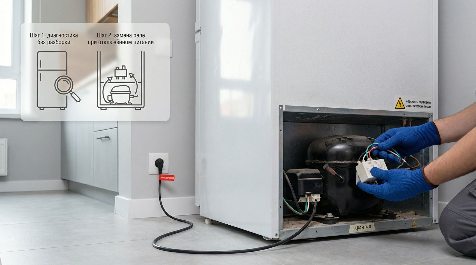 Современная кухня в нейтральных тонах, на переднем плане — стандартный холодильник, немного отодвинутый от стены. Справа, в нижней части холодильника, крупным планом показан