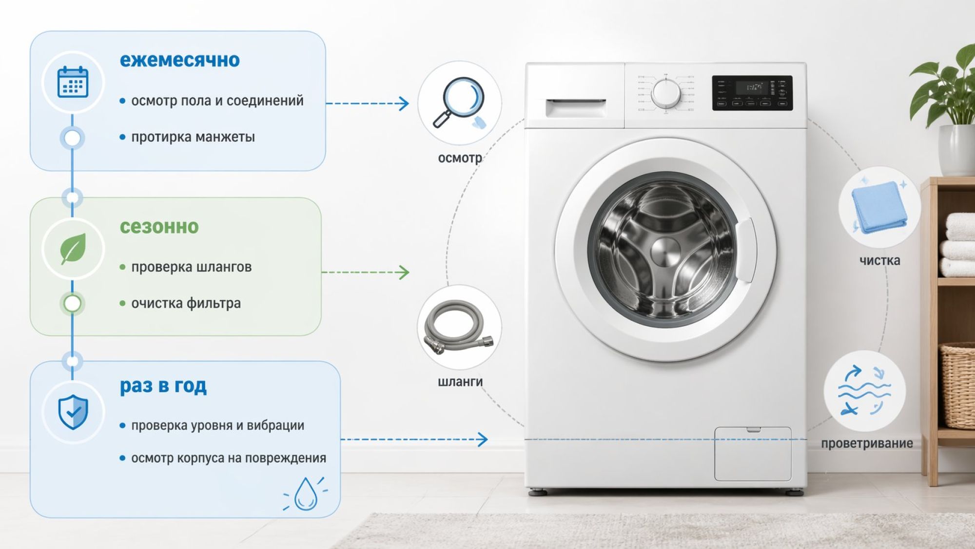Инфографика в виде вертикального годового плана ухода за стиральной машиной. Фон светлый, минималистичный, справа силуэт стиральной машины без брендов, вокруг которой небольшие