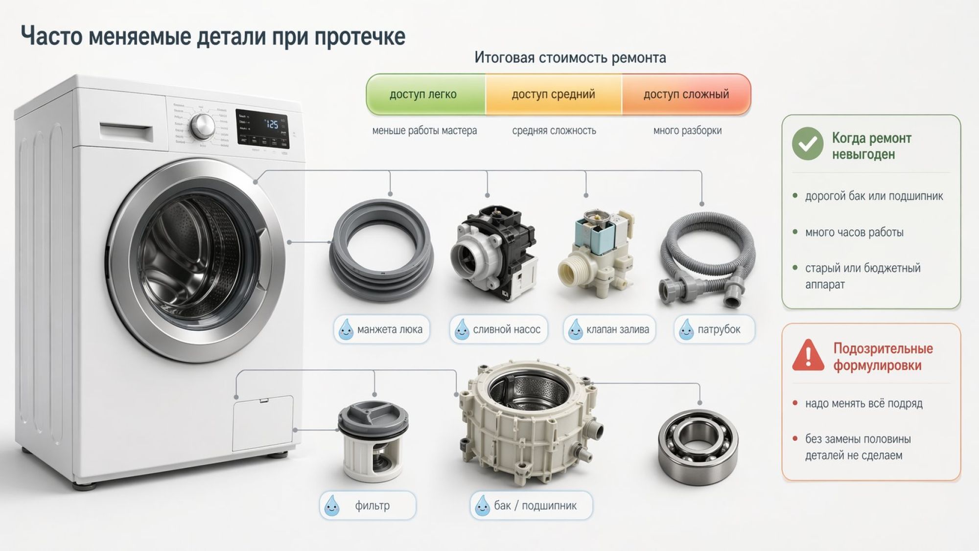 Горизонтальная инфографика на светлом фоне в современном минималистичном стиле: слева крупная стиральная машина в три четверти, рядом с ней разложены основные запчасти, от которых