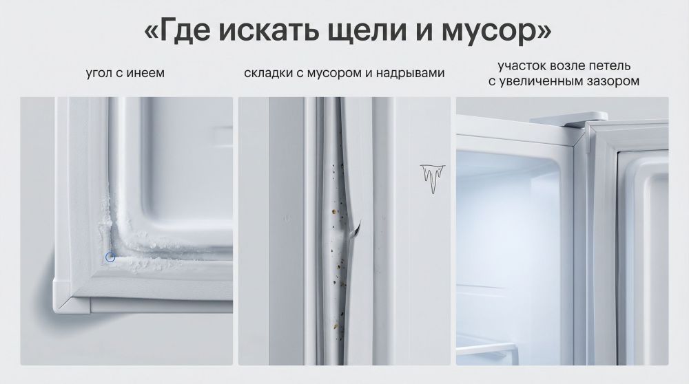 Коллаж из трёх вертикальных крупных фрагментов уплотнителя морозильной камеры, разделённых тонкими линиями, без лишнего фона. Над коллажем общий заголовок крупным шрифтом: «Где