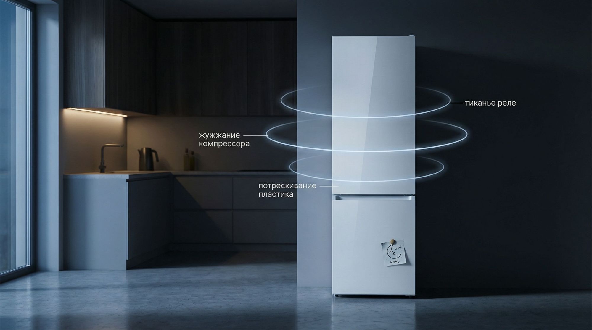 Современная кухня в полутемноте ночи, основной акцент на стоящий у стены холодильник. Вокруг тихо, остальные предметы интерьера едва намечены, чтобы не перегружать картинку. От