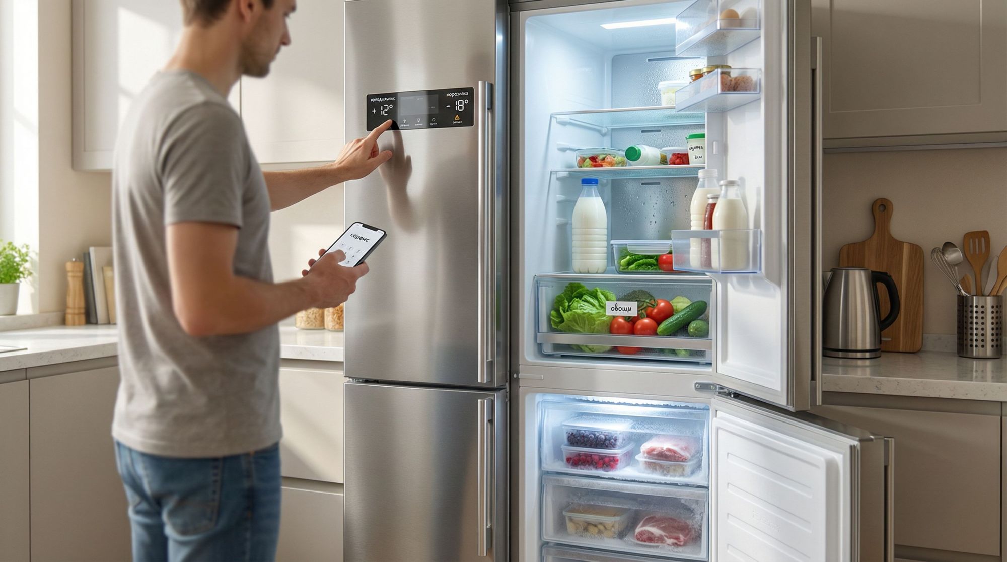 Современная кухонная сцена: на переднем плане открытый двухкамерный холодильник, сверху — дверца холодильного отделения, снизу — морозилка. Внутри верхней камеры видны не слишком