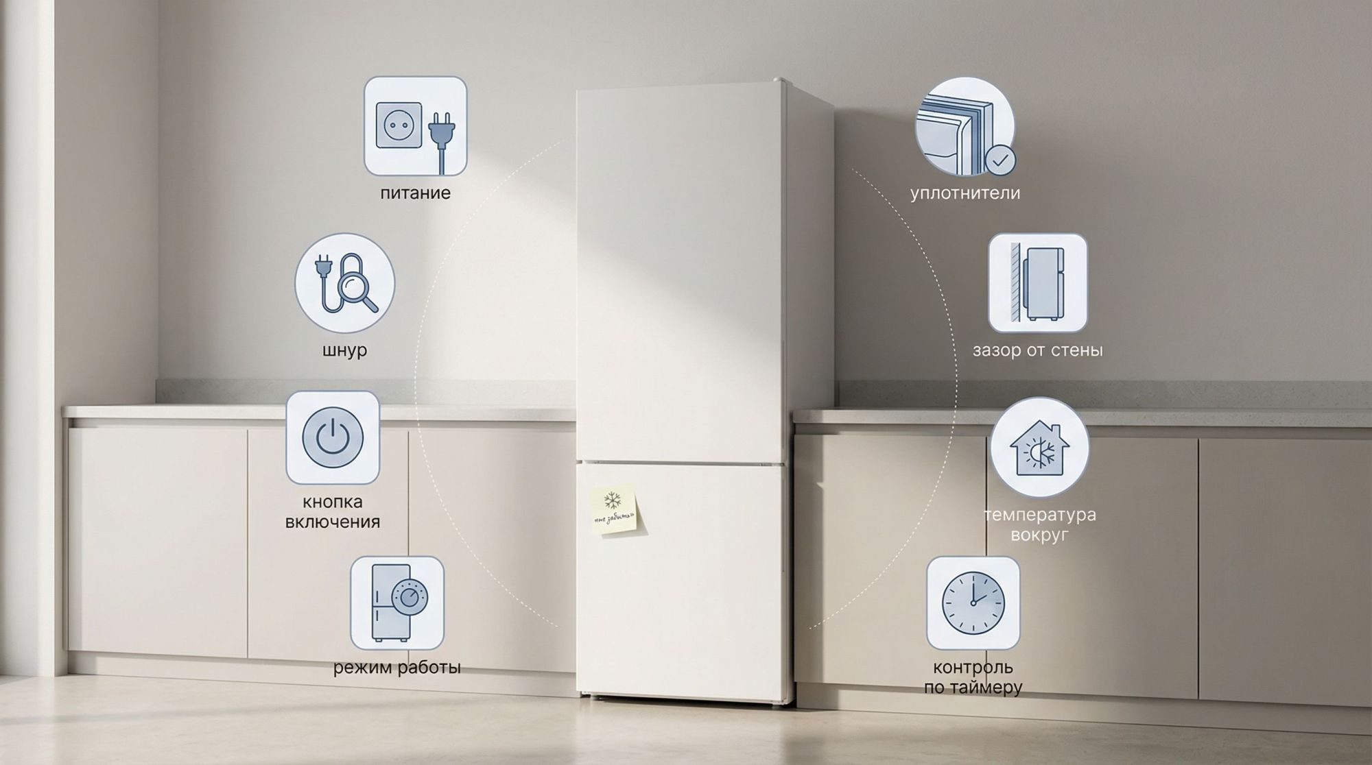 Горизонтальная иллюстрация в современном минималистичном стиле: кухня в приглушённых тонах, в центре — стандартный белый холодильник в полный рост. Вокруг него — визуализированный