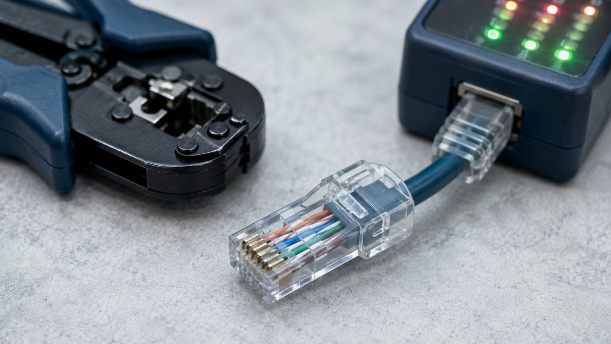 Реалистичная clean product-style сцена на светлом рабочем столе: прозрачный штекер RJ45 с уже обжатым кабелем лежит крупным планом под небольшим углом, рядом аккуратно расположены