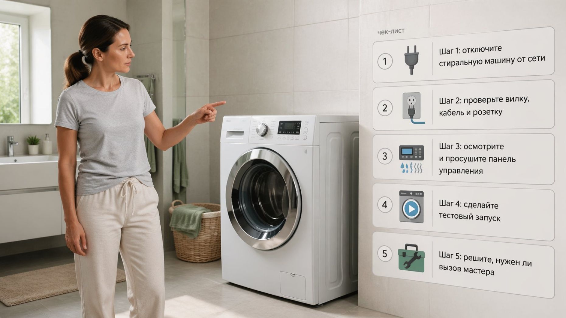 Современная стиральная машина в светлой ванной, рядом на стене крупно и читаемо нарисован вертикальный чек‑лист шагов, каждый шаг в отдельной строке с маленькой пиктограммой
