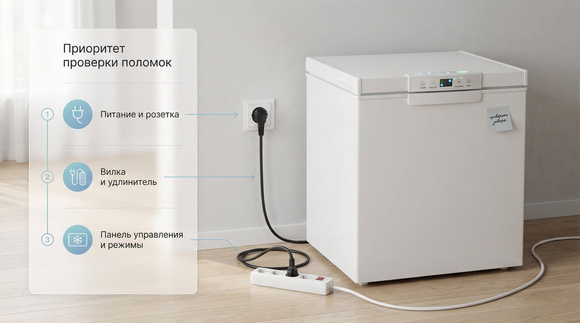 Современная, аккуратная иллюстрация: вид сбоку на морозильную камеру, подключённую к стеновой розетке. Сцена разделена на два «слоя приоритета» в виде простого вертикального