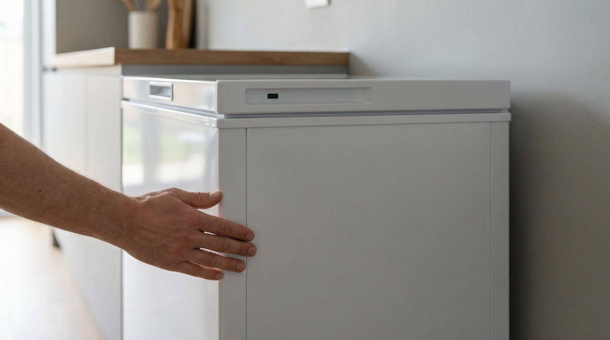 Горизонтальный кадр: боковой крупный план стоящей у стены морозильной камеры в современном минималистичном интерьере кухни. На переднем плане рука взрослого человека, приложенная