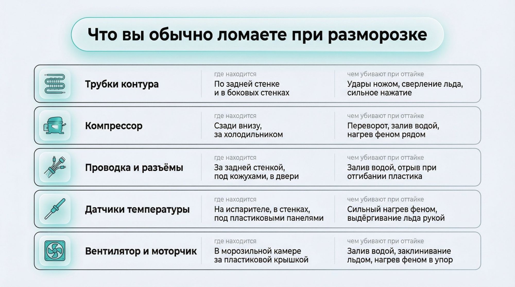 Плоская инфографика в виде вертикальной таблицы из пяти строк, каждая строка — отдельный блок с визуальной иконкой узла, коротким описанием «где находится» и «чем убивают при