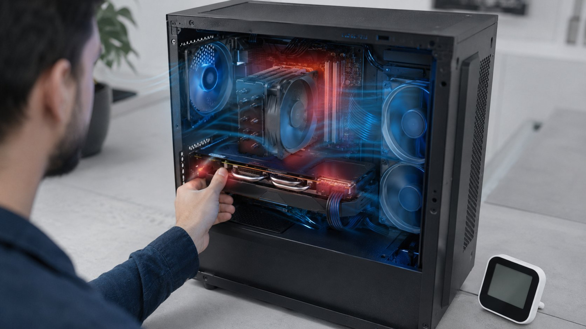 Температуры CPU и GPU в простое и под нагрузкой: важна динамика, а не одно число Реалистичная clean product-style сцена без надписей: открытый настольный ПК на светлом столе, видны видеокарта, процессорный кулер и корпусные вентиляторы. Рядом аккуратно лежит