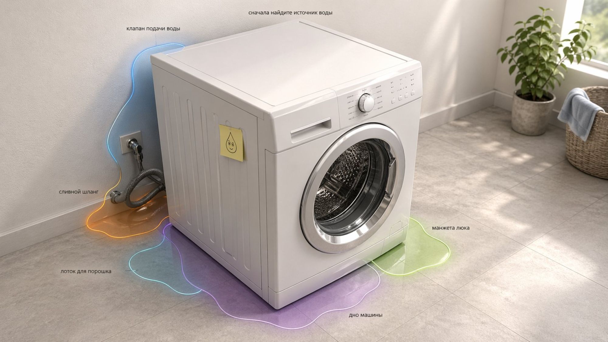 Современная стиральная машина, немного отодвинутая от стены, вид на неё в перспективе сбоку-сверху. Вокруг машины на полу несколько условных зон с тонкими полупрозрачными цветными