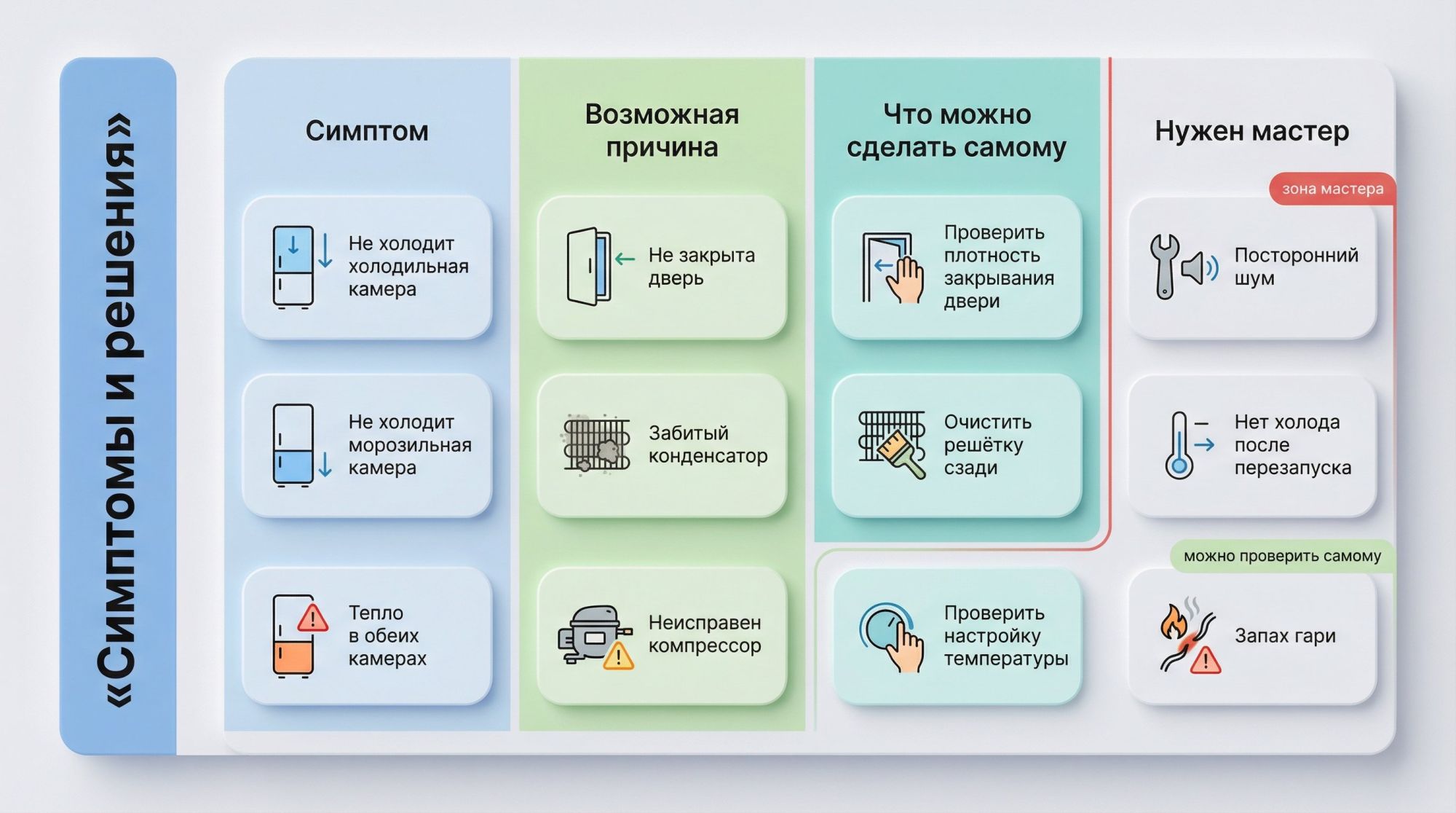 Горизонтальная инфографика в виде крупной таблицы «симптом → причина → что делать → мастер», занимающая почти весь кадр. Фон светлый, современный, без лишних деталей. В левом краю