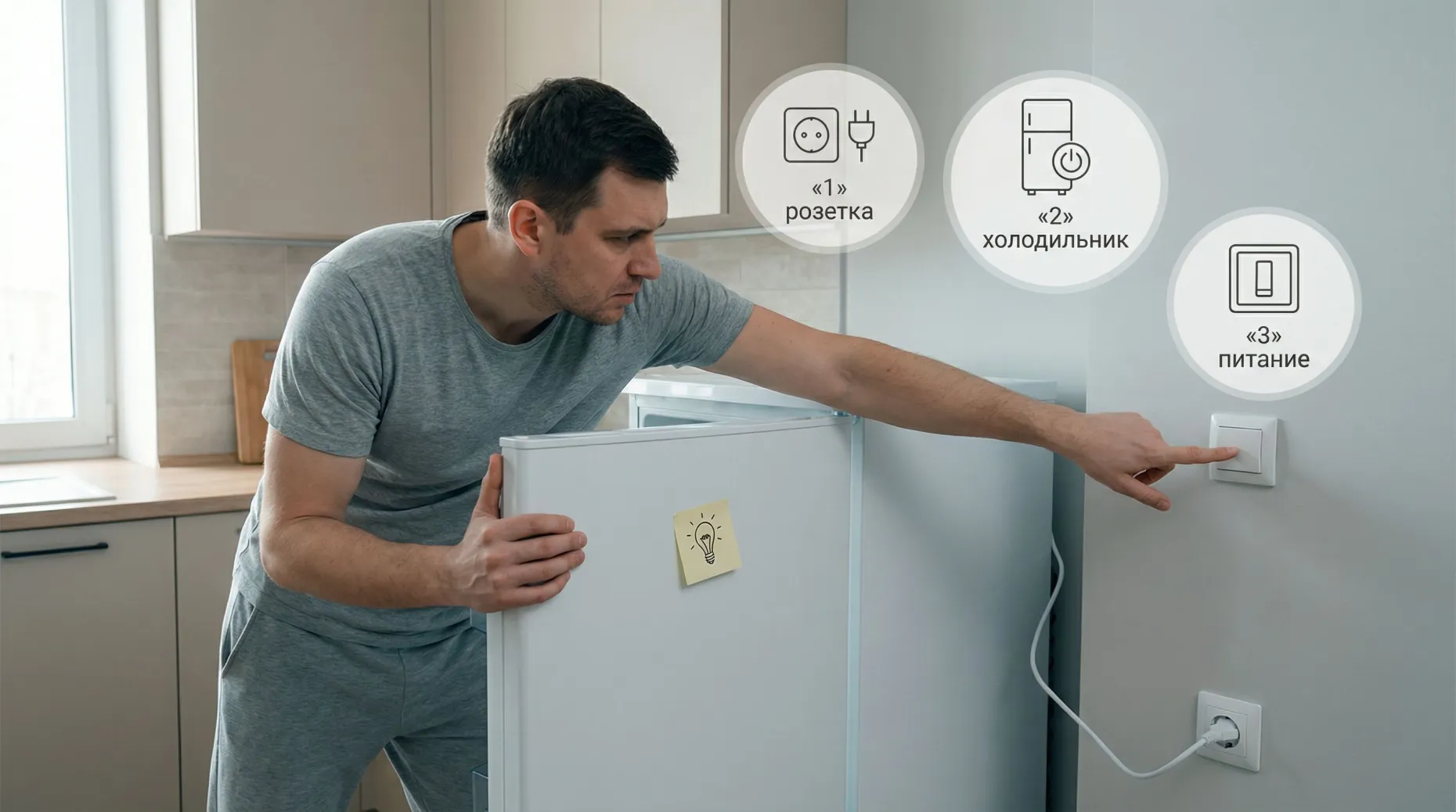 Современная кухня в нейтральных тонах, в центре — стандартный белый холодильник. На переднем плане хозяин слегка наклонился, одной рукой держит открытую дверцу холодильника