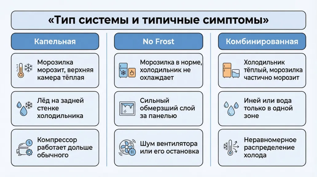 Плоская инфографика в виде упрощённой таблицы из трёх колонок с мягкими цветными плашками. Вверху заголовок по центру крупным шрифтом: «Тип системы и типичные симптомы». Ниже три