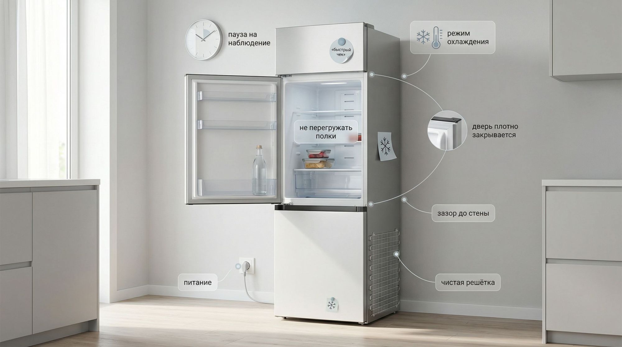 Современная аккуратная кухня в нейтральных тонах, в центре — двухкамерный холодильник без брендов, дверь верхней камеры приоткрыта. Внутри почти нет продуктов, чтобы были видны