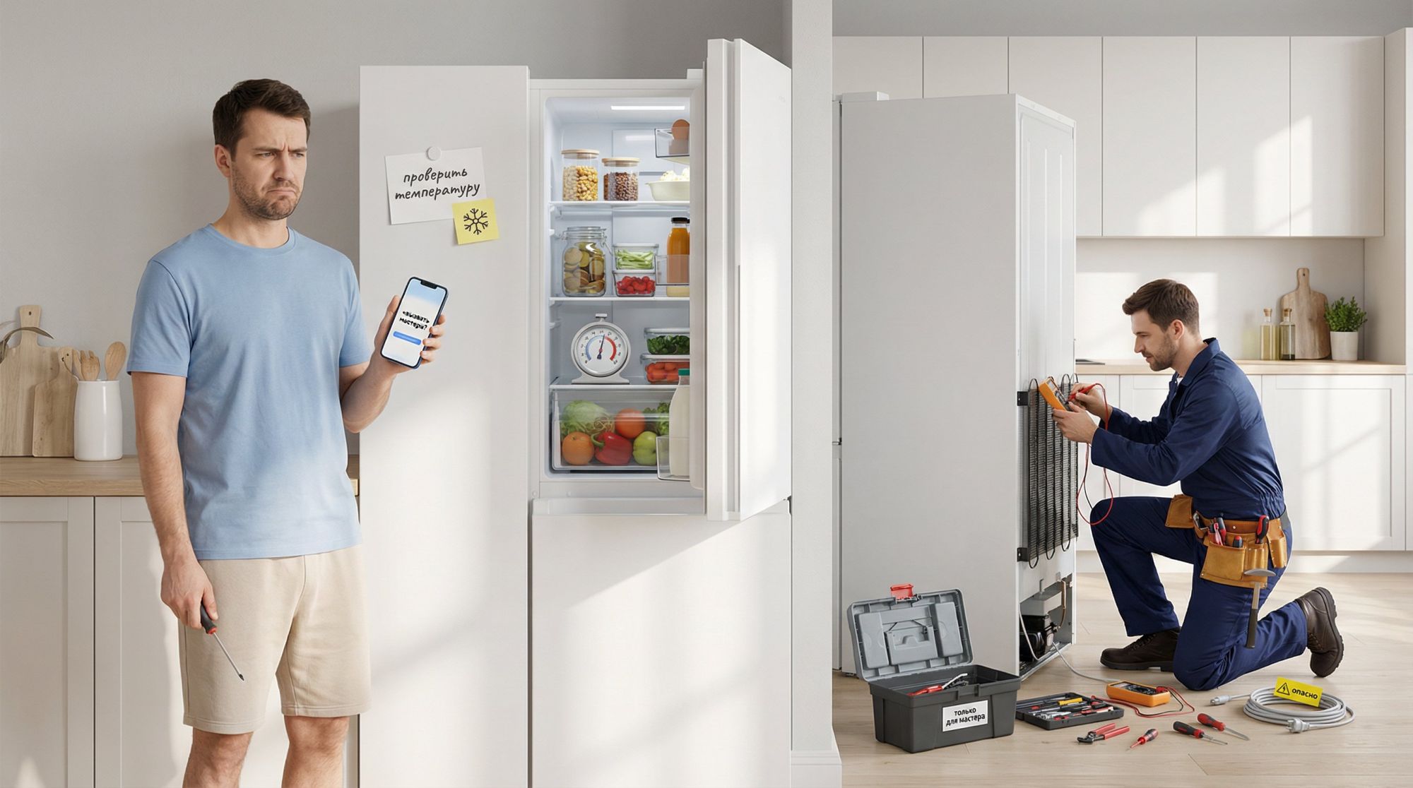 Горизонтальная иллюстрация в современном минималистичном стиле. Слева — хозяин квартиры в футболке и домашних шортах, стоит рядом с холодильником: одной рукой держит отвертку