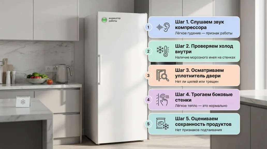 Современная кухня в спокойных серо-белых тонах, в центре — отдельностоящая морозильная камера. На ней крупно показан чек-лист из пяти шагов, визуально как вертикальная колонка