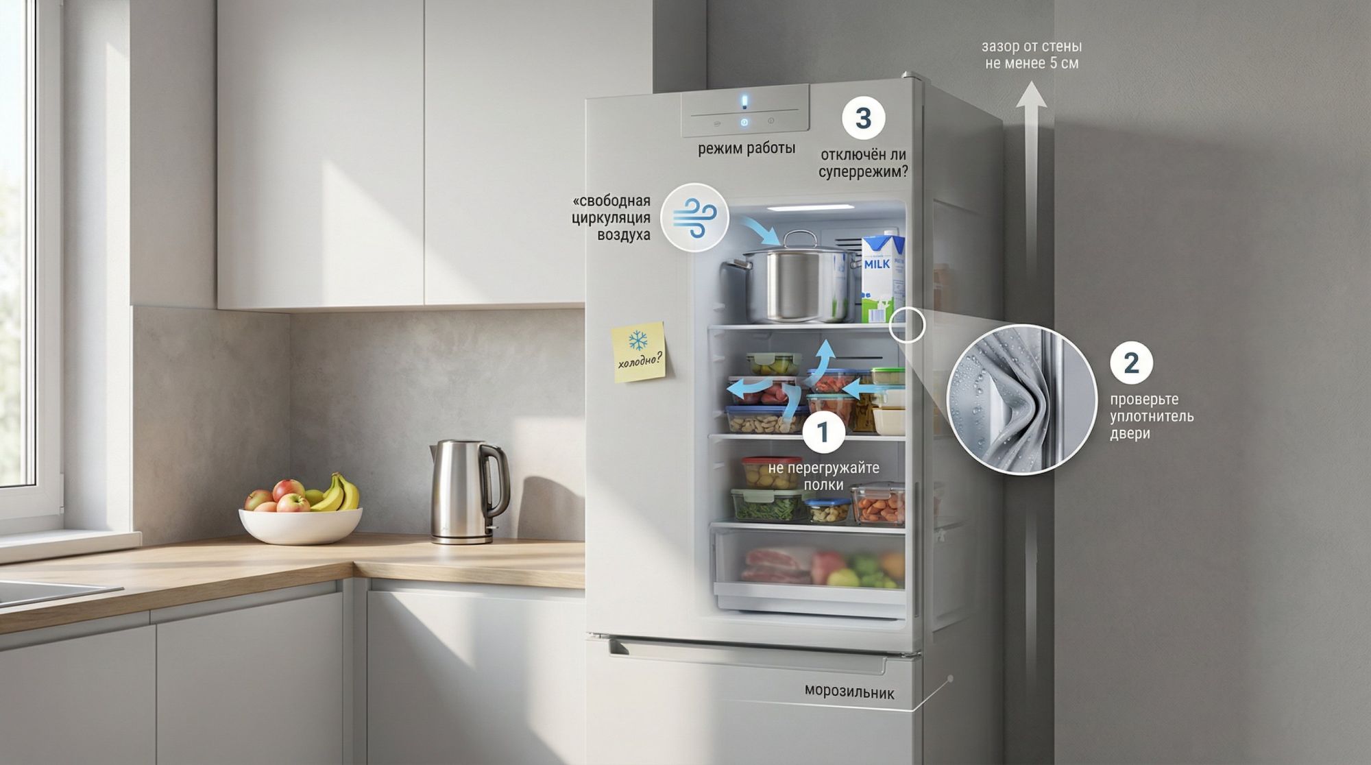 Современная аккуратная кухня в чуть сверху-сбоку перспективе, в центре — стандартный двухкамерный холодильник. Правая стенка холодильника как будто немного «прозрачная»: виден