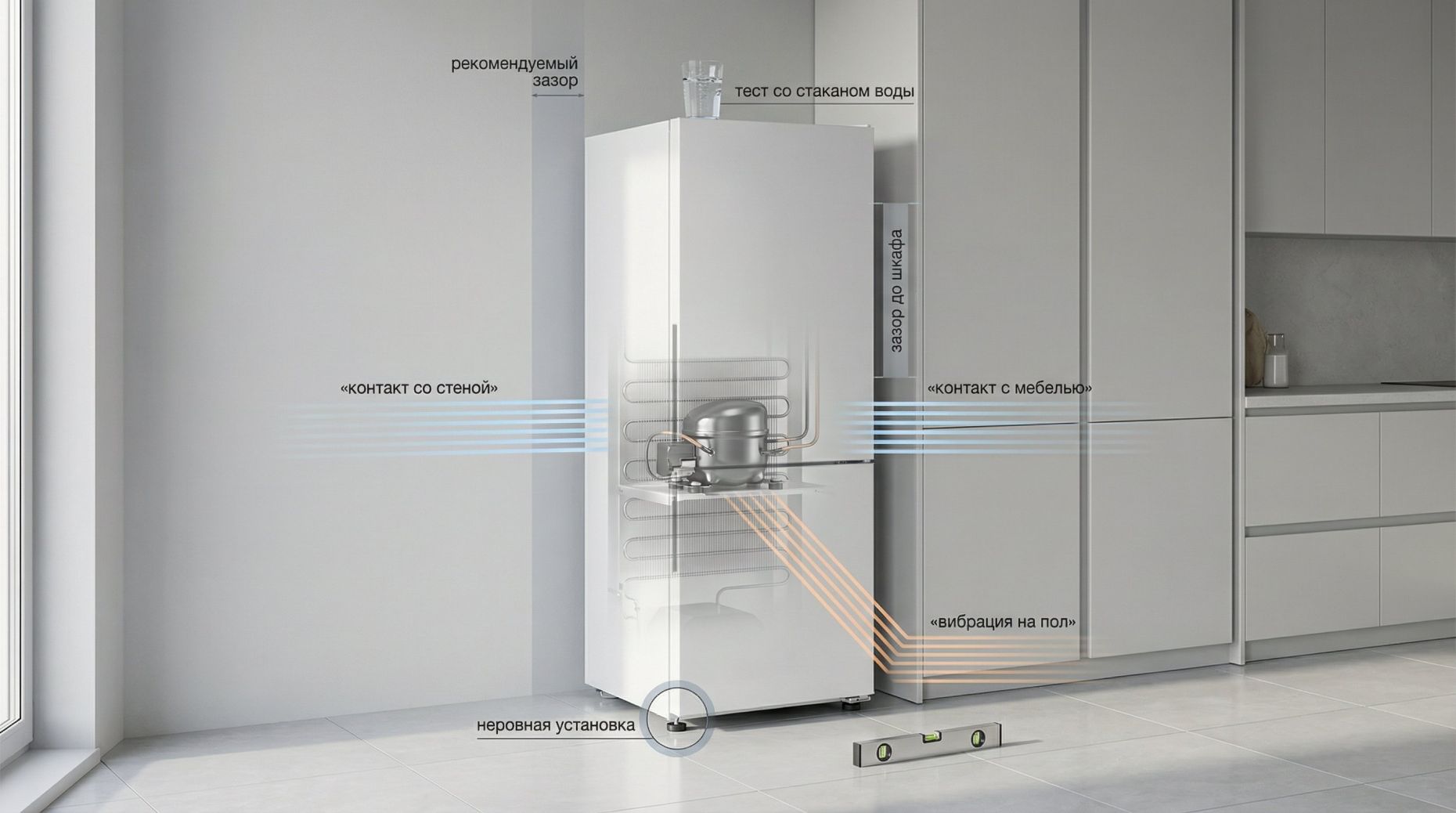Современная кухня в мягких серо-белых тонах, вид немного сверху и сбоку, чтобы было видно и пол, и стену, и встроенную мебель. В центре композиции — высокий белый холодильник