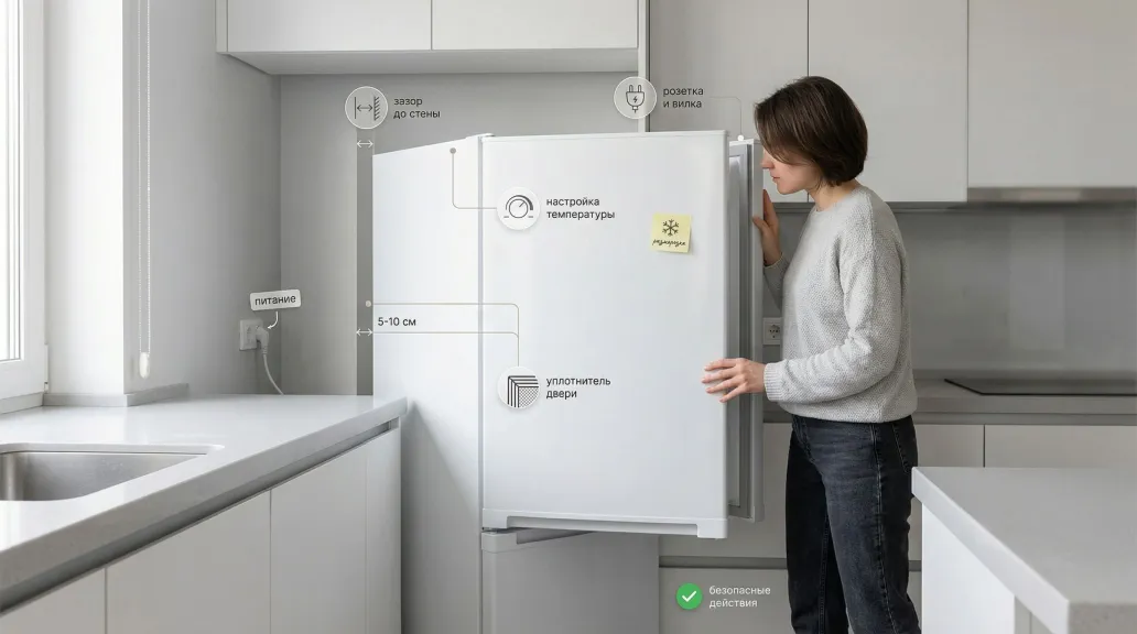 Современная аккуратная кухня в нейтральных тонах. На переднем плане — стандартный белый холодильник, слегка выдвинутый из ниши, вокруг него нет плотной мебели: справа и слева по