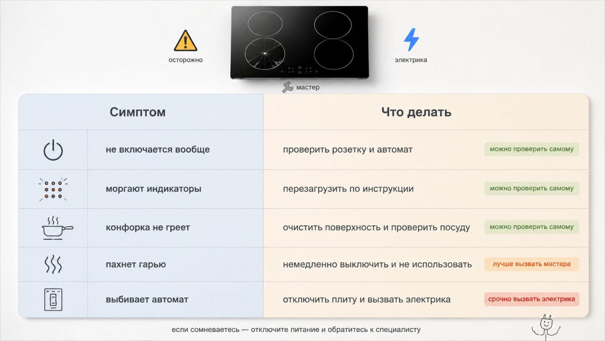Инфографика в виде вертикальной таблицы‑матрицы на светлом фоне: слева крупный столбец с заголовком сверху «Симптом», справа параллельный столбец «Что делать». Вверху иллюстрации